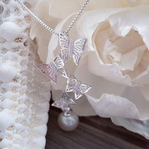 Sterling and crystal butterfly necklace with pearl